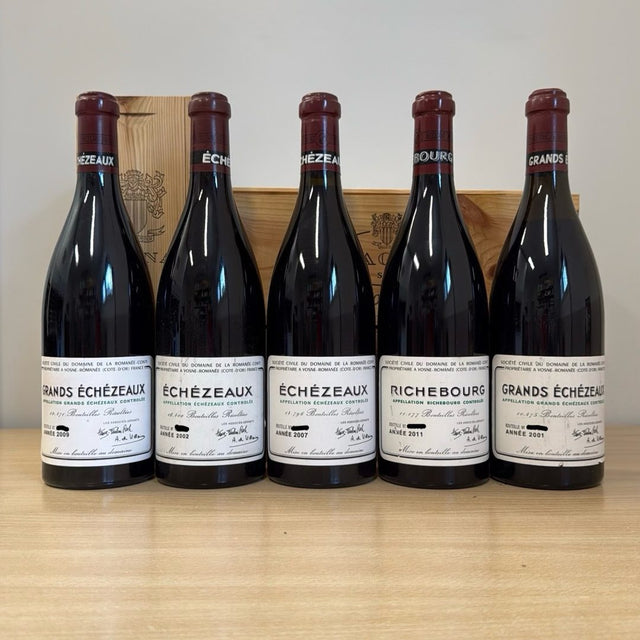 Cinque bottiglie del Domaine de la Romanee-Conti: Grands Echezeaux, Echezeaux e Richebourg